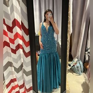 Sherri Hill beaded turquoise green pageant gown